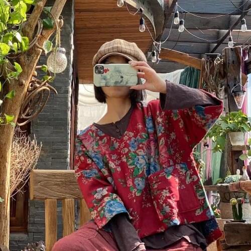 Women Retro Printed V Neck Parkas Short Coat Padded Tops Ladies Vintage Print Floral Parkas Female Autumn Winter Padded Tops