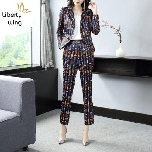 New Women Colorful Printed Suits Two Piece Pants Blazer Set Slim Fit Ankle Length Office Ladies Work Costume Femme Outfits Suit