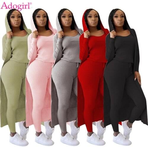 Adogirl Women Solid 3 Piece Set Tank Top + Pencil Pants + Full Sleeve Extra Long Hooded Cardigan Coat Autumn Winter Tracksuit