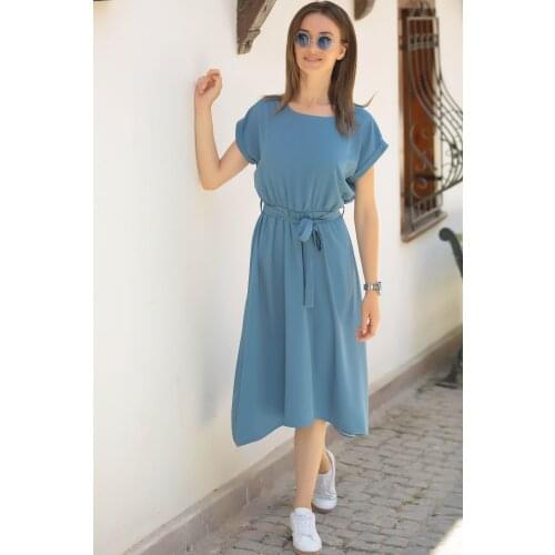 Womens Indigo Elastic Waist Tied Casual Short Sleeve Summer Dress 2021 Summer Fashion Best Selling