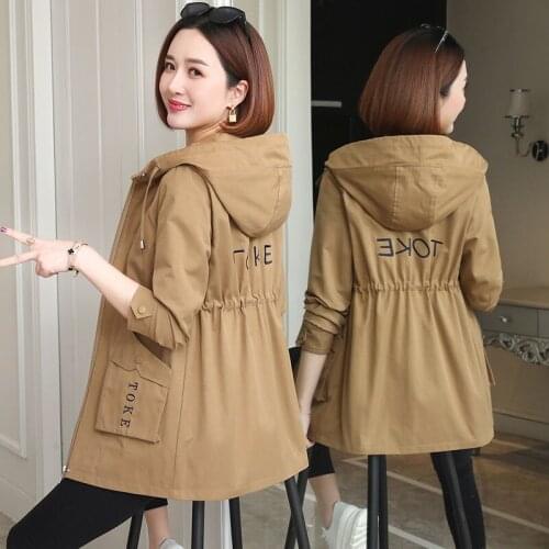 2021 Spring Autumn Middle-aged Mother Trench Coat Plus size Hooded Loose Casual Womens Outwear Zipper Mothers Long Windbreaker