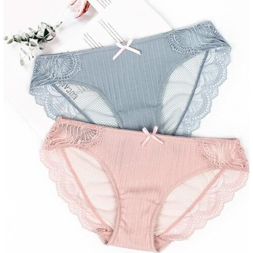 Wasteheart Women Fashion Green Pink Cotton Lace Bow Low Waist Panties Underwear Lingerie Women Briefs 3 Piece 3 Color Underpants