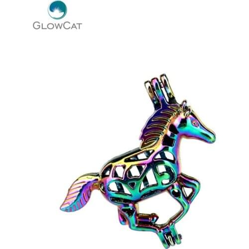 C43 5pcs/lot Rainbow Color Running Horse Pearl Cage Pendant Pearl Locket Fairytale Party