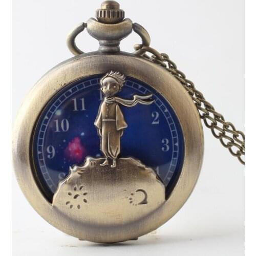 50pcs/lot Bronze Hollowed Prince Quartz Pocket Watch Necklace Blue Dial Pendant Gift Men Women Watches