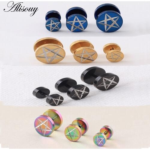 Alisouy 2 pieces fashion style ear jewerly Stainless Steel hip-hop rock Round star dumbbell Men Women Pierced stud Earrings