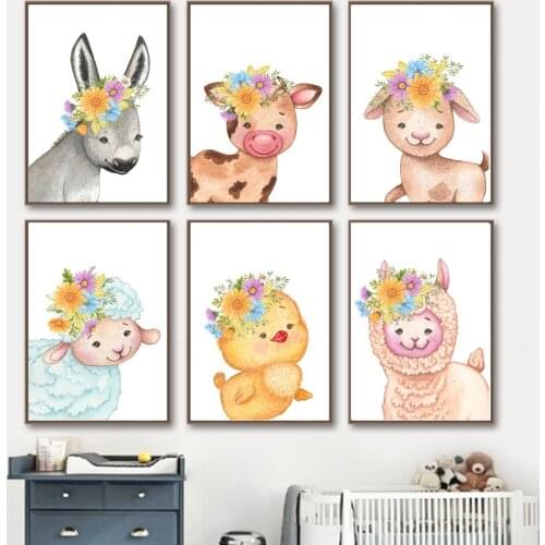 Alpaca chick sheep cow Donkey Nursery Wall Art Canvas Painting Nordic Posters And Prints Wall Pictures Baby Girl Room Home Decor