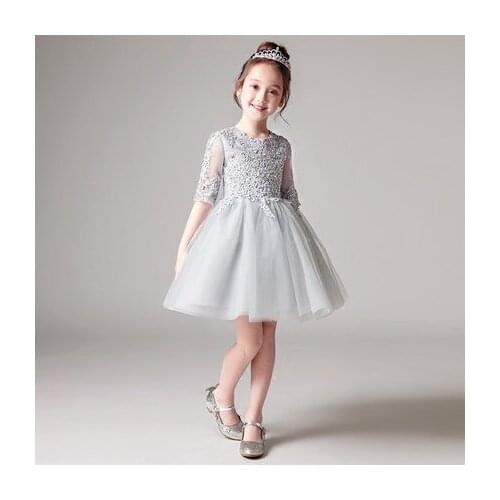 Glizt Sequin Girl Pageant Evening Gowns Half Sleeve Gray Tulle Flower Girl Dresses For Wedding Kids First Communion Dresses