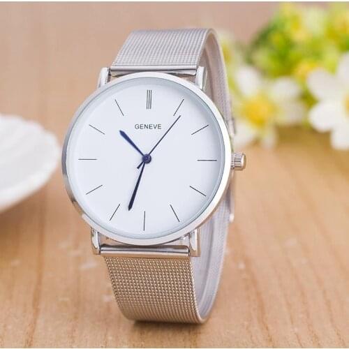 Luxury Brand Geneva Women Watch Fashion Stainless Steel mesh belt Silver Watch Men Casual Quartz Watches Ultrathin WristWatches