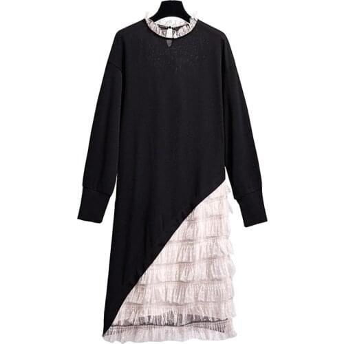 PERHAPS U Black White Pullover O Neck Long Sleeve Loose Midi Autumn Dress Patchwork Ruffle Mesh Korean Sweatshirts D1410
