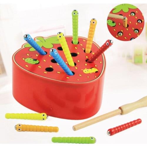 Kids Wooden Toy Magnetic Catch Worm Game Stick Montessori Early Educational Toys for Kids Fruit Shape Blocks Interactive Toys