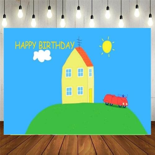 Birthday Background Cartoon Pig Baby Shower Party Blue Sky Tree Car Cloud Grass Kids Gift Photography Backdrop Photo Banner