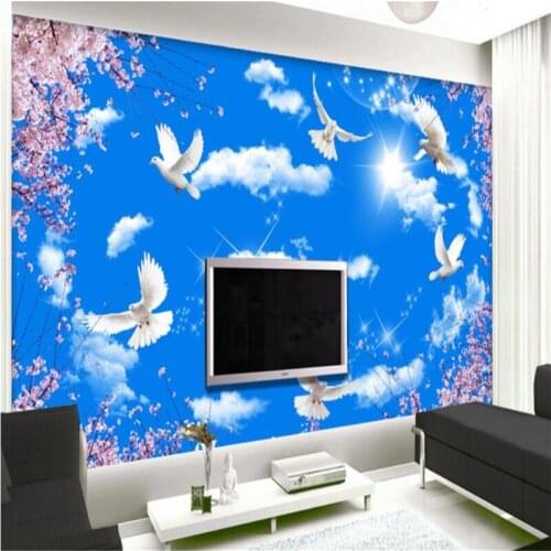 Beibehang Customize any size wallpaper murals photo aesthetic atmosphere blue sky coast white doves sakura 3D solid background