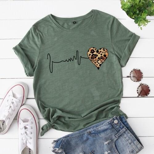 Women T Shirt Leopard Print Love Tee Fashion Shirt Femme Cute Tops Streetwear White O-neck Oversized T Shirt