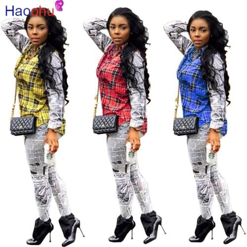 HAOOHU Fashion Newspaper Print Women Sets Long Sleeve Shirts Tops + Long Pants Two Piece Set Outfits Ladies Party Clubwear