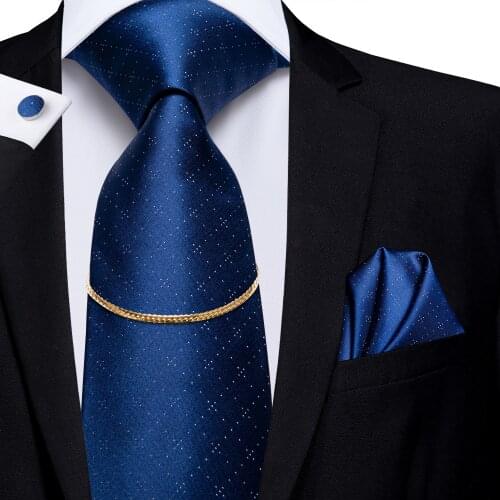 Hi-Tie 100% Silk New Design Fashion Navy Mens Ties Hanky Cufflinks Set Luxury NickTies Chain For Men Wedding Classic Business
