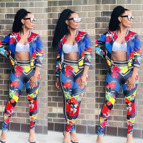Long Sleeve TWO PIECE SET Floral Print Jacket Survetted Women Tracksuit Plus Size Sweat Suit Outfits Runway Pants Streetwear PCS
