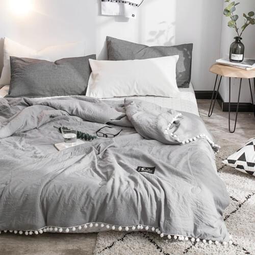 Summer Gray Air Condition Quilts duvet with little white Pompons bed linens Washed cotton throw blankets Solid bedding #s