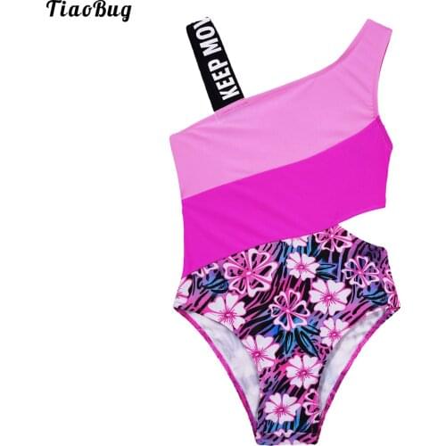 TiaoBug Summer Kids Girls Swimming Jumpsuit Asymmetrical Shoulder Straps Color Contrast Patchwork Hollow Out Waist Bodysuit