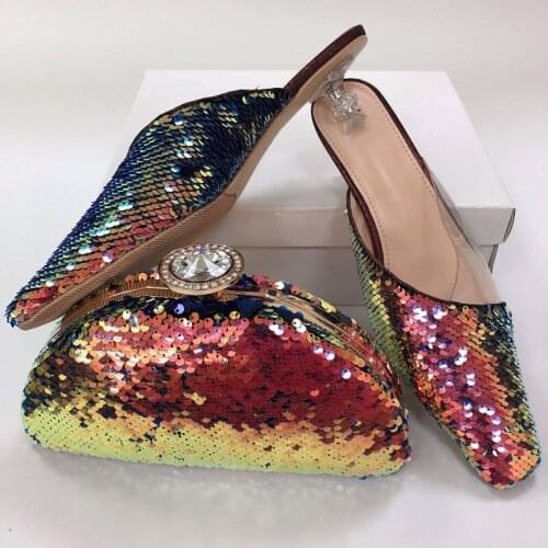 Hot sale champagne women match handbag set with sequins decoration african dress shoes for party GR421,heel 4.8CM