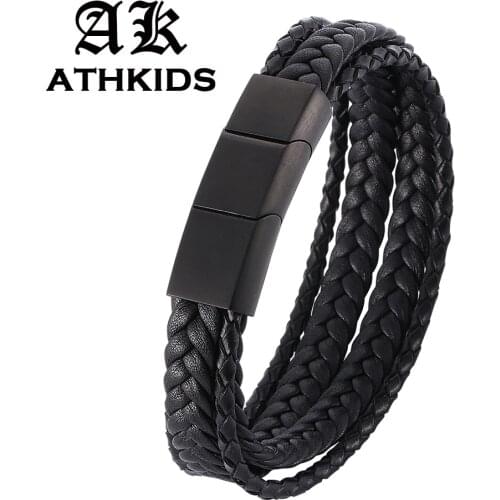 Fashion Men Multi-layers Braided Leather Bracelet & Bangle Adjustable length Stainless Steel Magnetic Clasps Bangles Gifts PD507