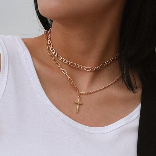 Fashion Gold Color Cross Pendant Cross Double Layer Necklace for Women Trendy Punk Clavicle Chain Necklace Jewelry Accessories