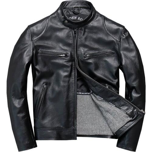 Motorcycle Leather Jacket Mens Genuine Leather Jacket Slim-fit top Layer Sheepskin Casual Leather Jacket