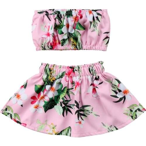 0-3Y Summer Casual Toddler Baby Girls Clothes Sets Flowers Printed Off Shoulder Sleeveless Crop Top Short Skirts 2Pcs