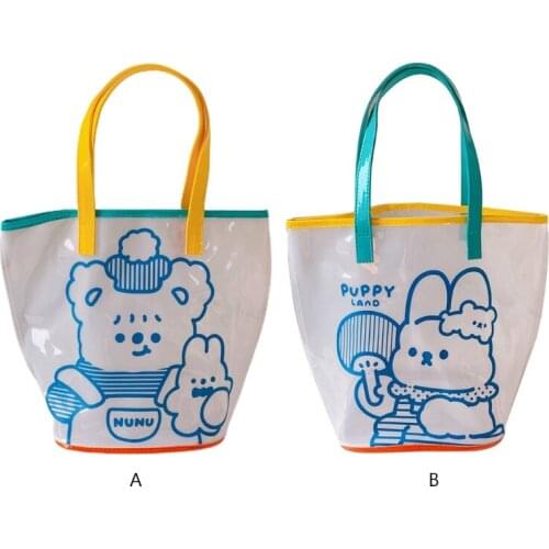 896A Transparent PVC Jelly Beach Bag Cute Colorful Cartoon Bear Rabbit Print Waterproof Clear Handbag Large Capacity Tote