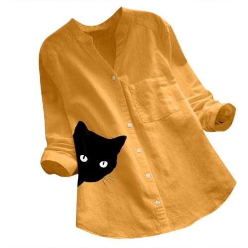 Cat Print Shirt Casual Wear Button Up V Collar Long Sleeve Cotton Blouse Plus Size Loose Tunic Spring Womens Clothing Dropship