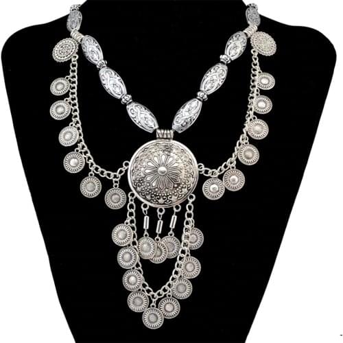 Thailand Vintage Gold Metal Coin Tassel Bib Statement Necklaces Women Big Chunky Indian Gypsy Arabia Necklace Festival Jewelry