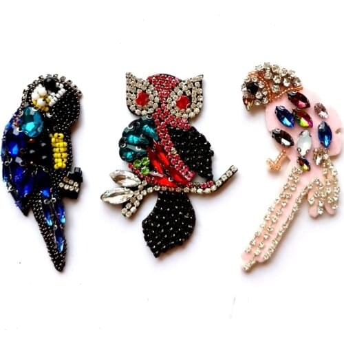 Beaded Rhinestone Owl Bird Patches for Clothing Bags Sweater DIY Animal Parches Sewing on Beading Applique Cute Brooch Patch