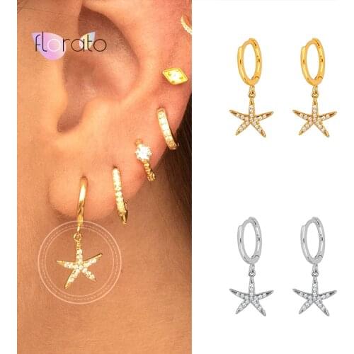 925 Sterling Silver Starfish Pendant Earrings Gold Color Star CZ Zircon Small Circle Huggie Hoop Earrings For Women Jewelry