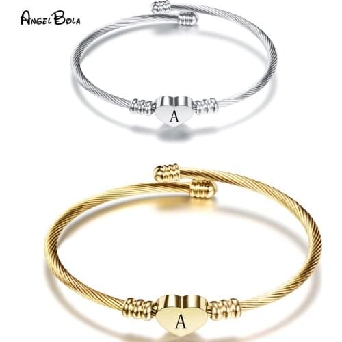 Fashion Women Gold Color Stainless Steel Letter Bracelets& Bangle Charm Cuff Bracelet Girls Heart Bangles for Women Jewelry 2020