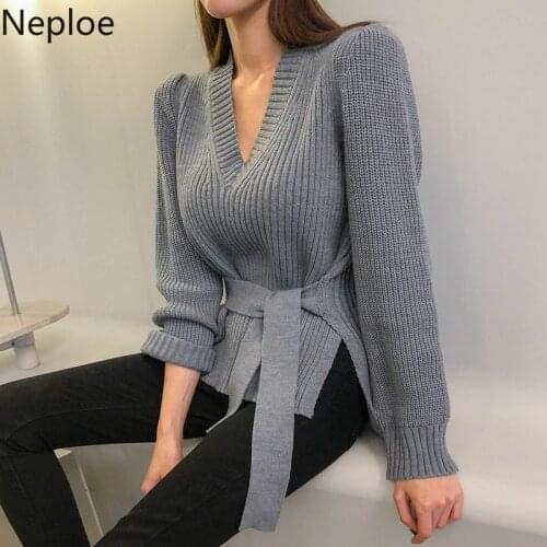 Neploe V Neck Side Cross Design Sweater Knitted Pullover Slim Waist Lace Up Pull Femme Solid Long Sleeve Sueter Winter Clothes