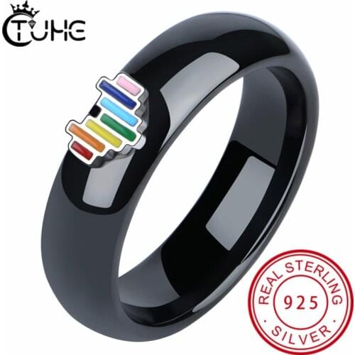 Rainbow Heart Women Rings 7 Colors Heart S925 Sterling Silver Healthy Ceramic Rings Wedding Engagement Finger Rings Jewelry