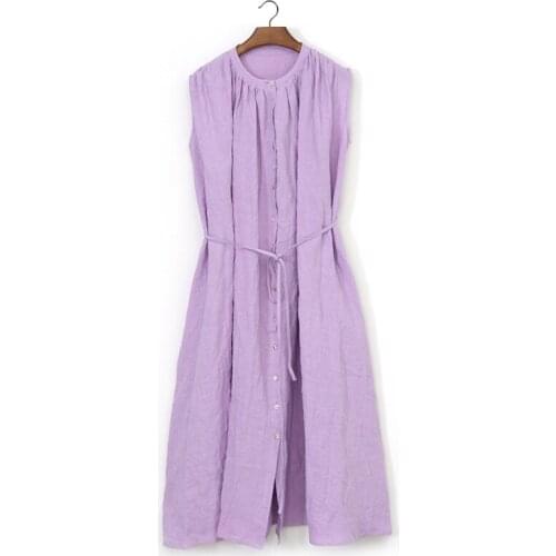 2021 summer Lavender aster linen round neck pleated light and loose sleeveless dress Robe