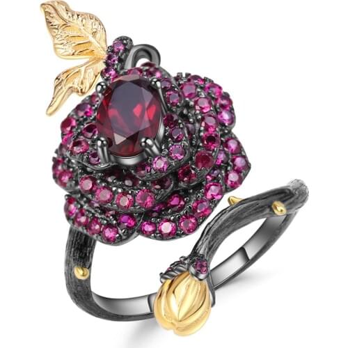 GEMS BALLET 925 Sterling Silver 1.00Ct Natural Rhodolite Garnet Rose Flower Open Ring Handmade Adjustable Ring for Women Bijoux