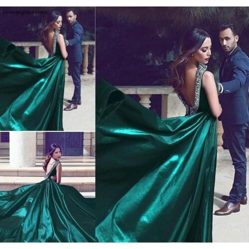 Mhamad Said Arabic Dubai Evening Dress A Line Deep V Cut Backless Satin Long Formal Wear Party Gown Custom Made Plus Size
