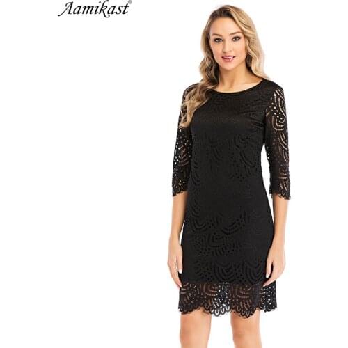 Aamikast Womens Elegant Vintage Rockabilly Pinup Spring Summer O-Neck Three Quarter Party Clubwear Sheath Bodycon Dress