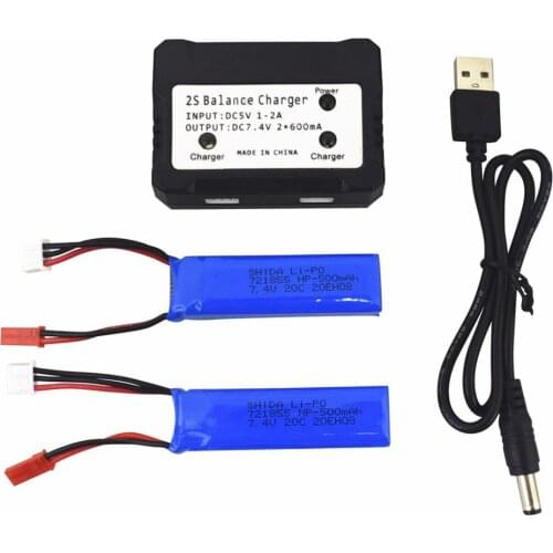 2PCS 7.4V 500mah Battery with 2-in-1 Charger for Wltoys A202 A212 A222 A232 A242 A252 4WD RC Car Spare Parts