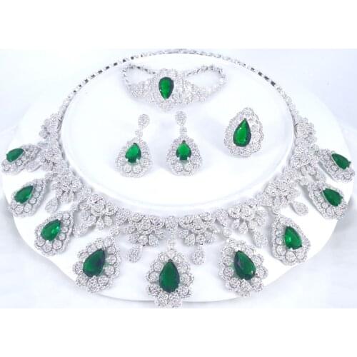 2021 new fashion vintage GREEN water drop CZ zircon necklace earring bracelet ring wedding bride Banquet dressing jewelry set
