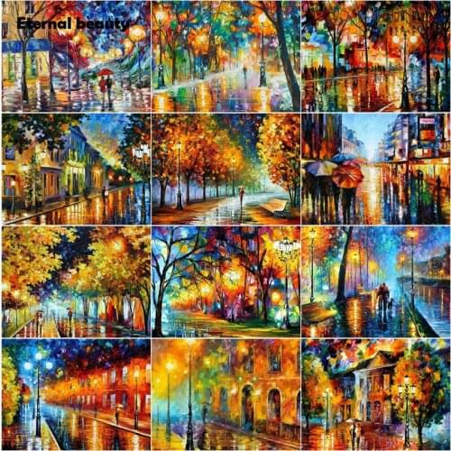 5D Diy Diamond Painting Walking Down The Street After The Rain with An Umbrella Diamond Mosaic Oil Painting Cross Stitch Kits