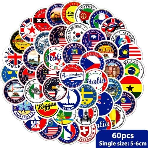 60Pcs National Flags Stickers DIY Scrapbooking Suitcase Envelope Sealing Sticker