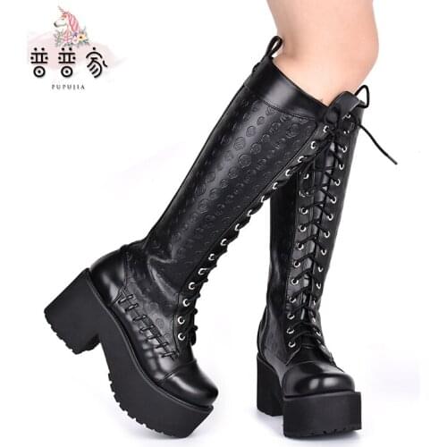 Princess sweet lolita boots Original Gothic wind high boot slope and punk thick bottom serrated bottom printed boots pu142