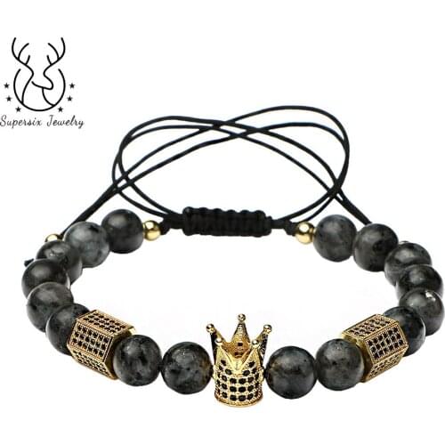 New Fashion Imperial Crown Hexagon Charms Bangles Natural Stone Light Beads For Women Men Braiding Macrame Bracelets Gift