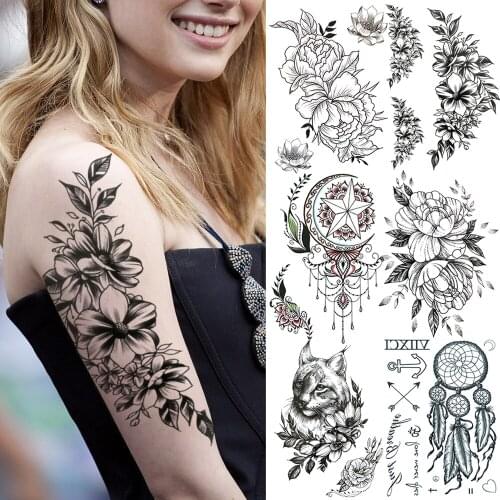 Black Daffodil Flower Temporary Tattoos For Women Female Realistic Tattoo Peony Cat Dream Catcher Fake Tatoo Sticker 3D Washable