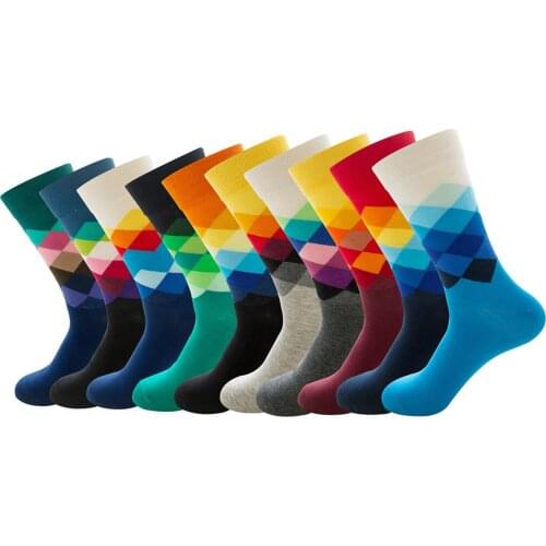 Men Funny Happy Fine Paragraph Diamond Pattern Argyle Geometric Funny Combed Cotton long Business Socks man sox