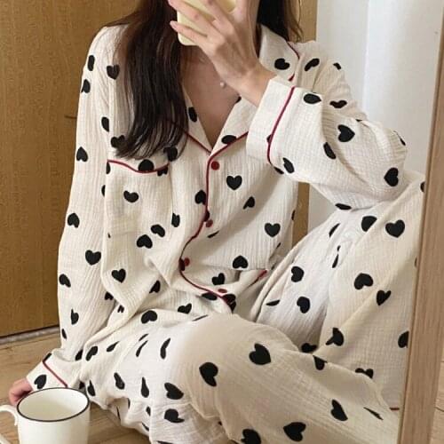 Gauze pajamas womens spring and autumn long-sleeved cardigan love home service two-piece suit pijamas women cotton bedroom set