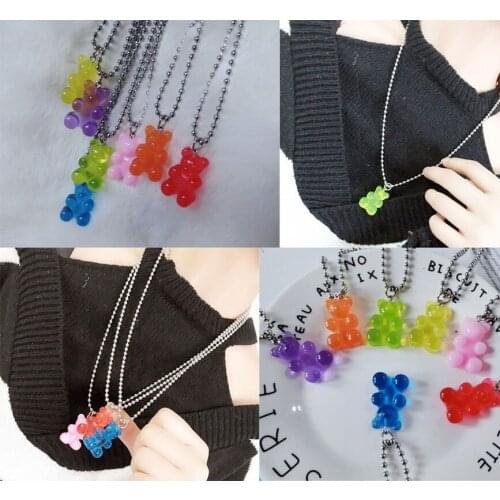 Han ins childrens fun earth cool girl jewelry fun transparent jelly bear gummy Long Necklace stainless steel clavicle chain