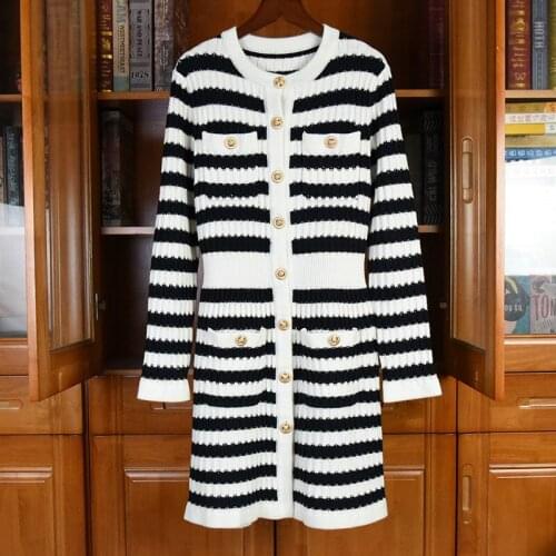 2021SS Spring Fashion Women Striped Knitted Long Cardigans Female Casual Luxury 56% Wool Sweater